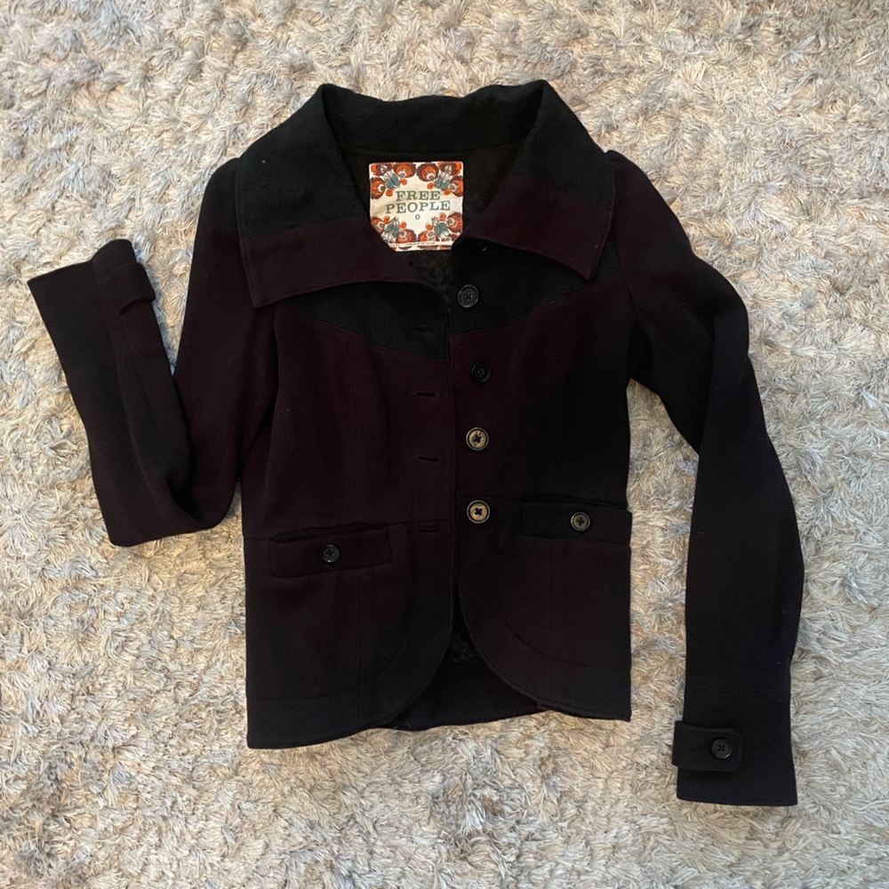 soft black free people coat with pattern detail